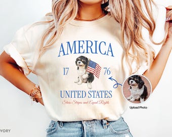 Custom Dog Photo July 4th T-Shirt | Watercolor Style Patriotic Pet Tee