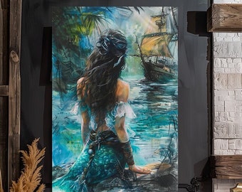 Mermaid, Siren, Pirate Ship, Love Story, Mermaid Pirate, Siren Pirate, Ocean Art, Watercolor Art Print, Poster, Canvas, Wrapped Canvas