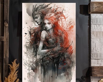 Hades and Persephone, Greek Gods Mythology, God and Goddess of the Underworld, Watercolor Art Print, Poster, Canvas, Wrapped Canvas