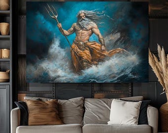 Poseidon, God of the Sea, Greek God Mythology, God of Water, Water God, Fanart, Watercolor Art Print, Poster, Canvas, Wrapped Canvas