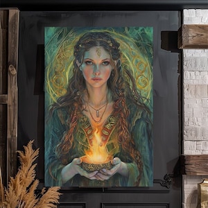 May include: A painting of a woman with long brown hair holding a bowl with a flame inside. She is wearing a green dress with a red and gold design. The background is a green and gold swirl.