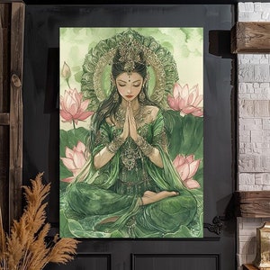 Tara Verde, diosa budista, compasión activa y actividad iluminada, arte de fan, impresión de acuarela, póster, lienzo, lienzo envuelto