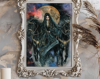 ニュクス、ギリシャ神話の女神、夜の女神、闇の女神、闇の夜、水彩画