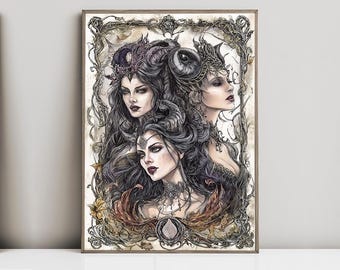 Hecate, Hekate, Goddess Greek Mythology,  Magic and Moon, Night, Witchcraft, Fanart, Watercolor Art Print, Poster, Canvas, Wrapped Canvas