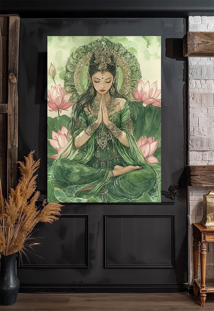 Green Tara, Buddhist Goddess, Active Compassion and Enlightened Activity, Fanart, Watercolor Art Print, Poster, Canvas, Wrapped Canvas