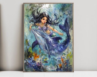 Little Girl Mermaid, Dolphin, Girl and a dolphin, Good Luck, Good Fortune, Watercolor Art Print, Poster, Canvas, Wrapped Canvas