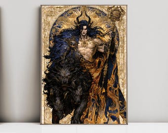 Hades and Cerberus, Underworld Dog, Three Headed Hound, Greek, God of the Underworld, Watercolor Art Print, Poster, Canvas, Wrapped Canvas