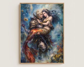 Knight and Mermaid, Love Story, Romance, Ocean Art, Water Decoration, Love Art, Watercolor Art Print, Poster, Canvas, Wrapped Canvas