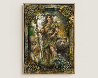 Cernunnos, mitología celta, dios cornudo, señor de las cosas salvajes, naturaleza, fan art, lámina de acuarela, póster, lienzo, lienzo montado en bastidor