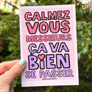 Peut inclure: Une impression d'art rectangulaire rose et blanche avec les mots "Calmez Vous Messieurs Ca Va Bien Se Passer" en lettres bulles roses et violettes. L'impression comprend un symbole de cœur et le nom de l'artiste, @nastasiafrolow.