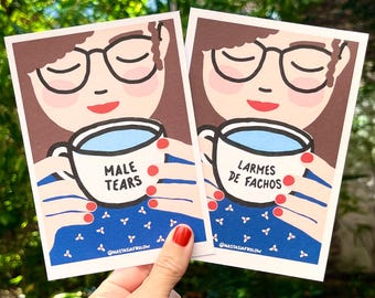 Tearful mug illustration, postcard, poster, feminist illustration, feminist humor, left-wing humor, anarchist humor