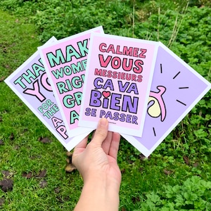 Set of 4 cards to choose from throughout the store, A6 format, postcards, lettering, positive quotes, feminist quotes