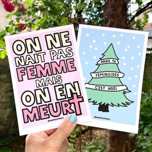 Illustration sur le thème des féminicides, on ne naît pas femme, Noël ,marche Nous Toutes, carte postale, affiche, illustration féministe