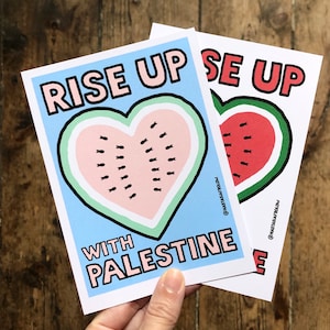 Illustration « Rise up with Palestine », carte postale, affiche, paix, soutien, cessez-le-feu, stop colonisation, Gaza, lettrage, citation