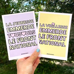 Illustration « La jeunesse emm*rde toujours le Front National », carte postale, affiche, lettrage, citation, détournement Bérurier Noir