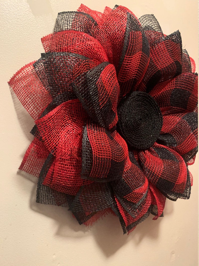 Red/Black Buffalo Plaid Poly Burlap/Fabric Mesh Sunflower