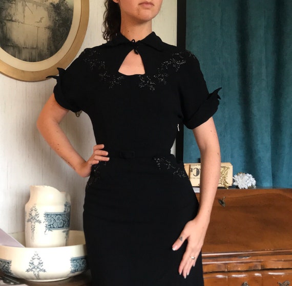 Vintage crepe dress 1940 40's black embroidered