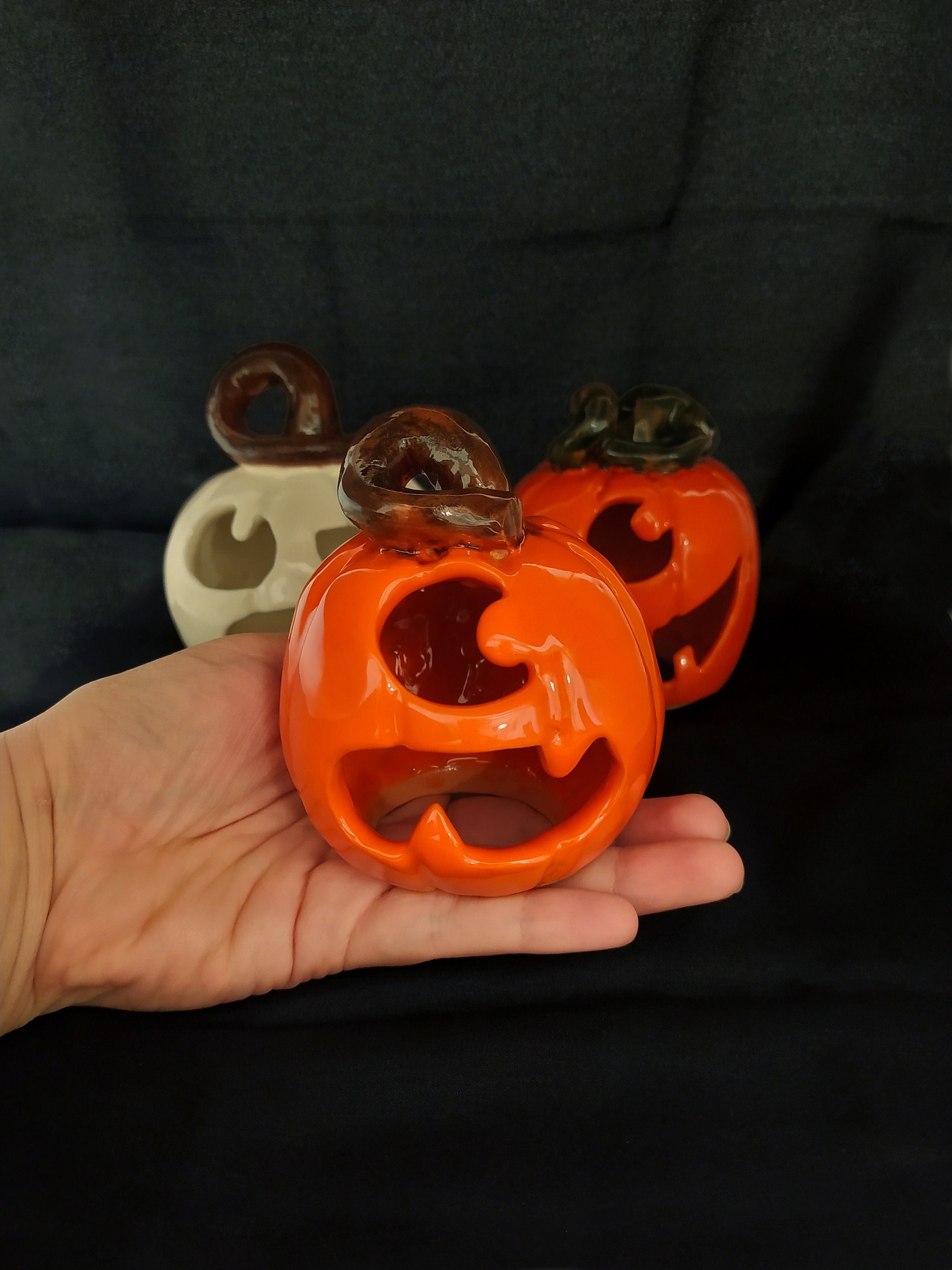 Family of 3 Handmade Ceramic Jack O'lantern Pumpkins, Autumn ...