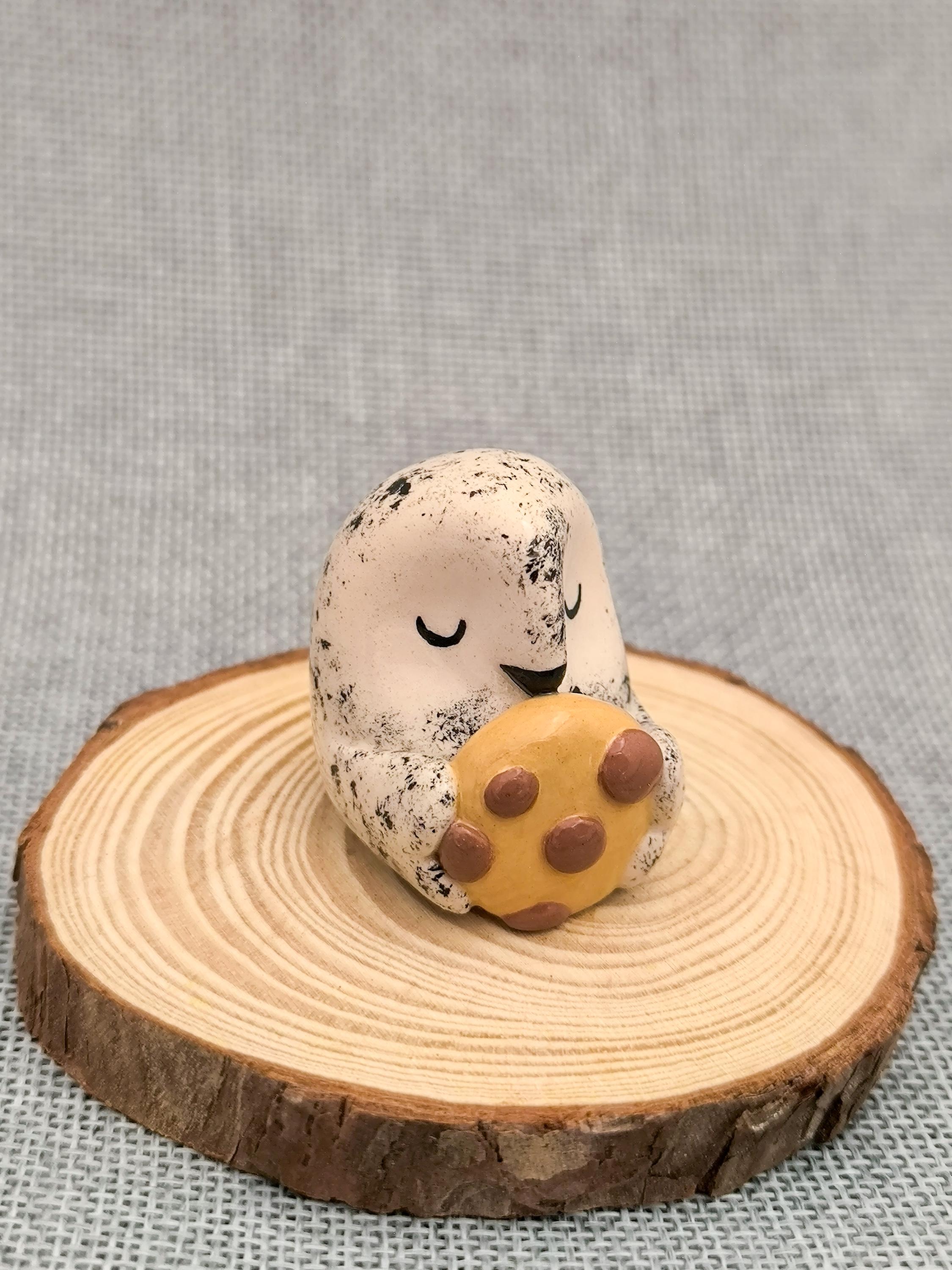 Handmade Ceramic Owl Sculpture Holding a Cookie – Miniature Figurine
