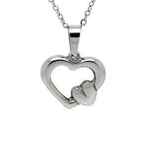 Hollow Heart on Heart Necklace in Polished Stainless Steel, Open Love Jewelry