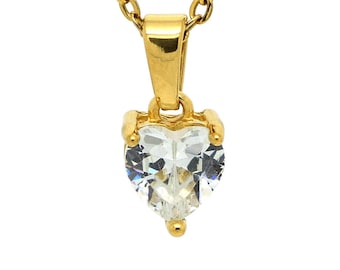 Gold Heart Pendant with Cubic Zirconia Necklace, Heartshaped CZ Stone Jewelry