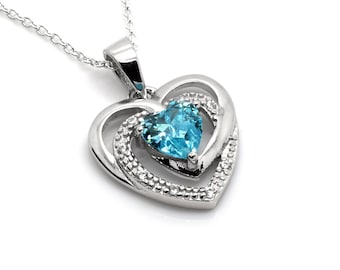 Heart with Blue Heartshaped Cubic Zirconia Pendant Necklace, Sterling Silver Jewelry