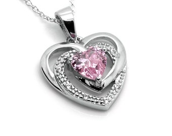 Heart with Pink Heartshaped Cubic Zirconia Pendant Necklace, Sterling Silver Jewelry
