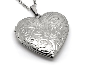 Floral Heart Locket Pendant Necklace in Stainless Steel, Silver Photo Love Jewelry