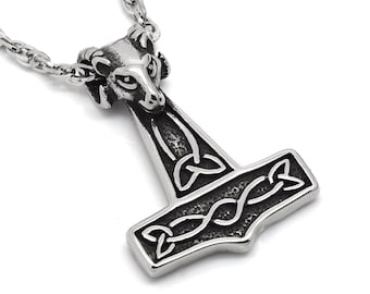 Hamer van Thor met ramskopketting, Mjolnir Ram Viking-hanger in roestvrij staal met 3,3 mm touwketting