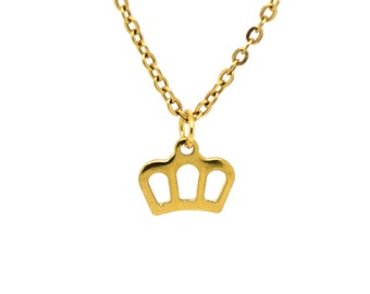 May include: A gold chain necklace with a small crown pendant.