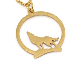 Gold Howling Wolf Necklace, Golden Canis Lupus Pendant, Animal Totem Jewelry