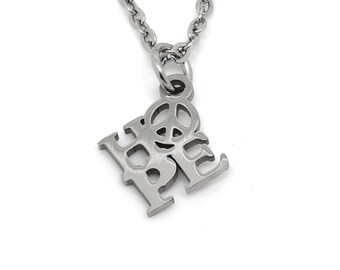 Esperanza y paz signo collar en acero inoxidable, joyería de texto colgante de palabras