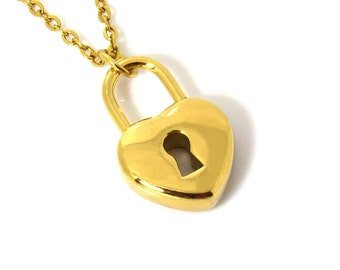 Gold Heart Shaped Padlock Necklace, Golden Lock Pendant, Love Jewelry in Stainless Steel