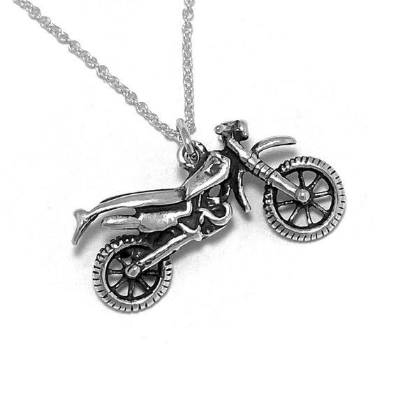 Collier moto détaillé en argent sterling, bijoux moto, breloque cyclomoteur et motocross