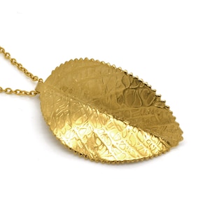 Big Gold Leaf Necklace, Golden Woodland Pendant, Plant and Tree Nature Jewelry