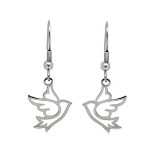 Dove Earrings in Stainless Steel, Dangle Bird Jewelry