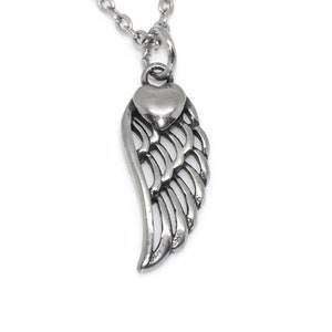 Bird Wing with Heart Necklace in Stainless Steel, Silver Feather Pendant, Animal Jewelry