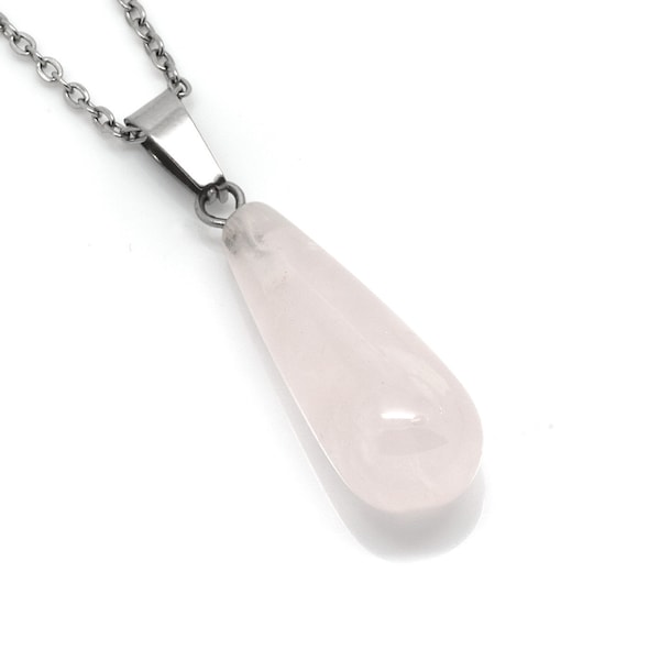 Rose Quartz Necklace, Natural Gemstone Drop Pendant, Pink Teardrop Stone Jewelry