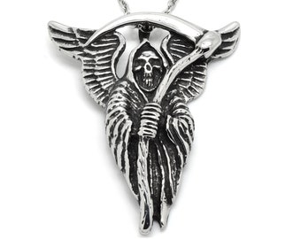 Collar Grim Reaper de 2" en acero inoxidable en cadena de 24", colgante de ángel de la muerte, joyería Desmidor