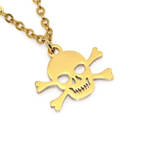 Jolly Roger Necklace, Gold Skull and Bones Pendant, Golden Pirate Jewelry