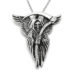 2&quot; Grim Reaper Necklace in Stainless Steel on 24&quot; Chain, Angel of Death Pendant, Memento Mori Jewelry