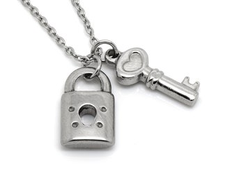 Padlock Lock and Key Necklace in Stainless Steel, Friendship Jewelry, Love Pendant