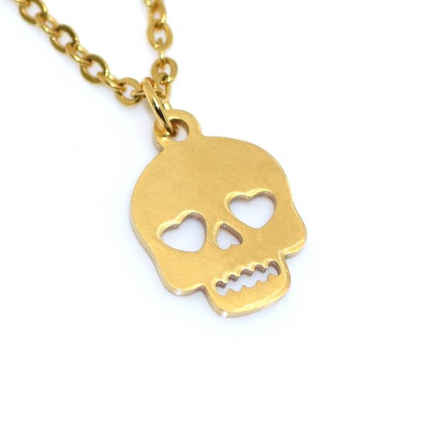 Gold Heart Shaped Eyes Human Skull Necklace in Stainless Steel