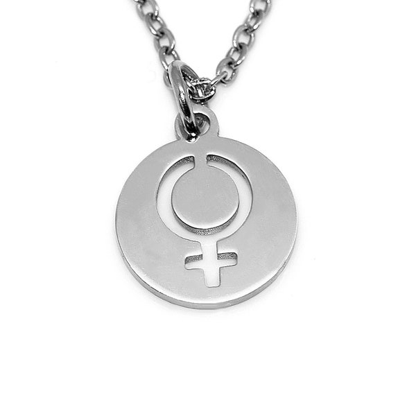 Female Gender Symbol Necklace in Stainless Steel, Silver Girl Power Pendant, Woman Sex Sign Charm, Feminist Jewelry