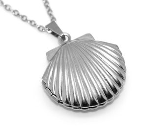 Scallop Locket Necklace in Stainless Steel, Seashell Pendant, Beach Jewelry