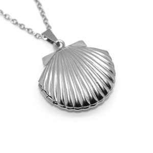 Scallop Locket Necklace in Stainless Steel, Seashell Pendant, Beach Jewelry