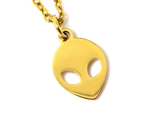 Gold Alien Necklace, Golden Space Pendant, Extraterrestrial Jewelry in Stainless Steel