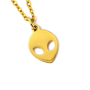 Gold Alien Necklace, Golden Space Pendant, Extraterrestrial Jewelry in Stainless Steel