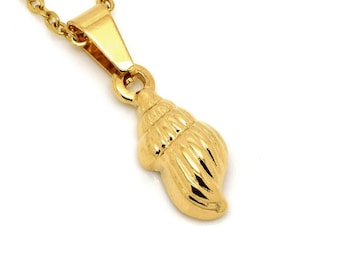 Gold Seashell Necklace in Stainless Steel, Golden Sea Conch Shell Pendant, Ocean Jewelry