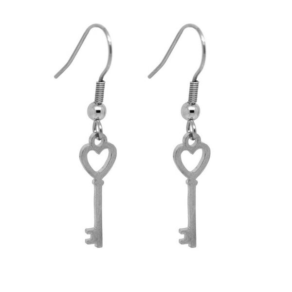 Dangle Heart Key Earrings in Stainless Steel, Nickel Safe Love Charm Jewelry